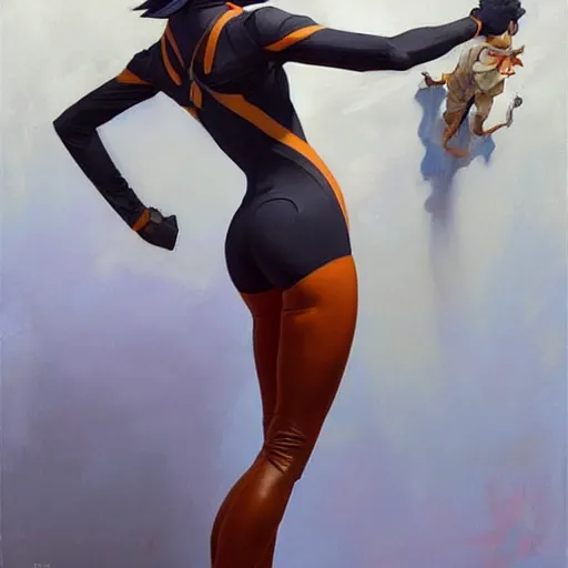 Prompt: greg manchess painting of tracer wearing a skintight suit, medium shot, organic painting, sunny day, bold shapes, hard edges, street art, trending on artstation, by huang guangjian and gil elvgren and sachin teng and artgerm and greg rutkowski and alphonse mucha