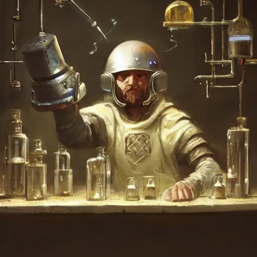 Prompt: medieval fantasy alchemist wearing a helmet working in laboratory, oil painting, by Greg Rutkowski