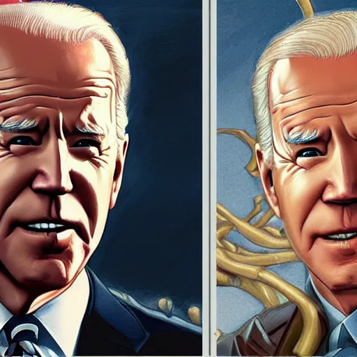 Image similar to joe biden character portrait, concept art, intricate details, highly detailed photorealistic portrait in the style of adam hughes, seseon yoon, artgerm and warren louw