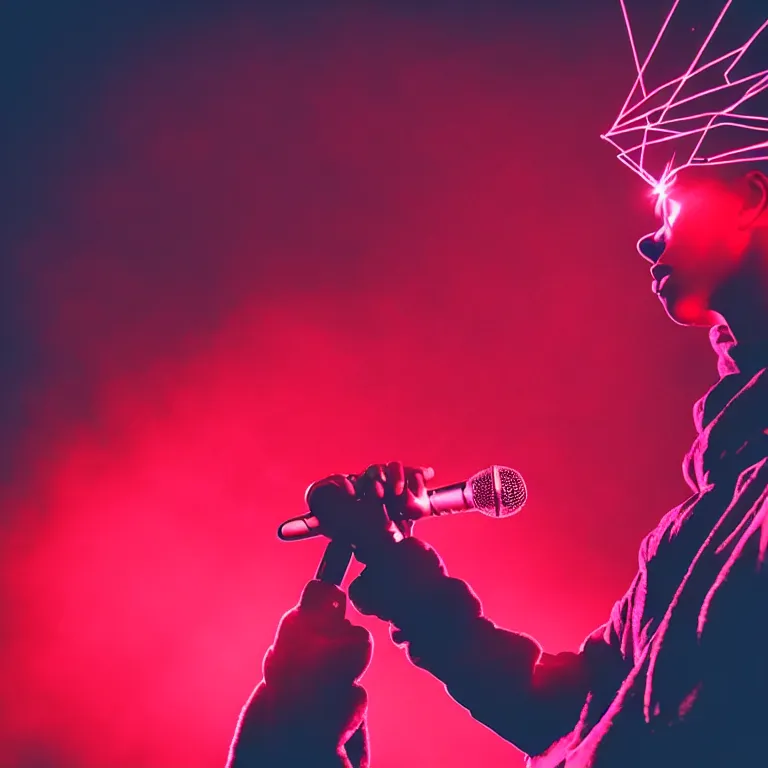 Prompt: rapper holding microphone to mouth, epic angle, profile view, silhouetted, distinct, psychedelic hip-hop, laser light show, beams of light