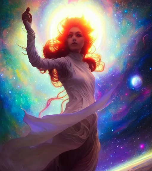 Image similar to cosmic travelers, planets and stars, psychedelic blackhole swirled imagery by artgerm, cushart krenz, greg rutkowski, mucha. space art. lucien rudaux, cosmos, vivid colors, sharp edges. ultra clear detailed. 8 k. elegant, intricate, octane render