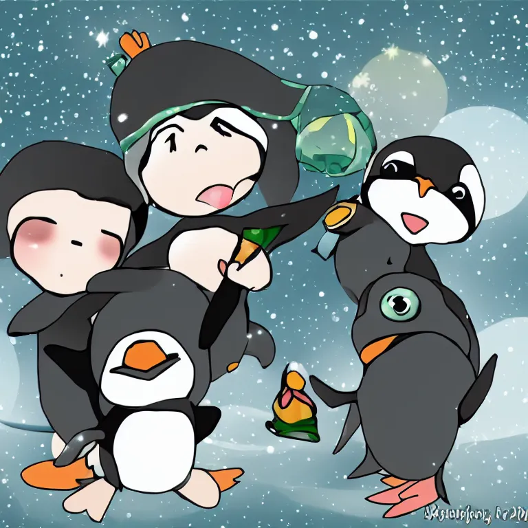 Image similar to chibi anime penguin and turtle