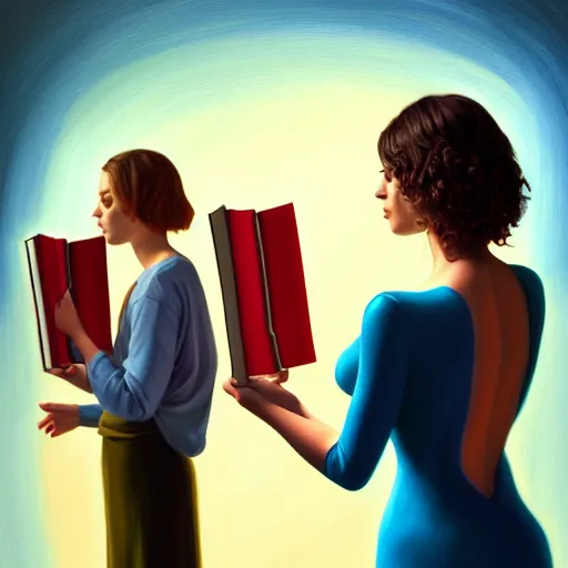 Image similar to hyperrealistic painting of a beautiful young woman holding a book while a woman and three men peep into the book from behind, detailed digital art, trending on artstation,