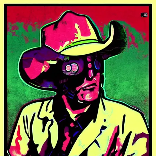 Prompt: biopunk cowboy from fallout new vegas, portrait illustration, pop art, splash painting, art by andy warhol, rodney ripps, alphonse mucha, federico fellini, 9 x 1 6