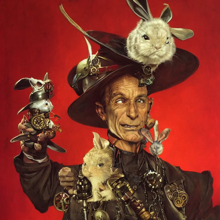 Prompt: a close - up portrait painting of an alien wizard magician holding a steampunk rabbit. red curtains in a gloomy dark background. highly detailed science - fiction painting by norman rockwell, moebius, frank frazetta, and syd mead. rich colors, high contrast. artstation