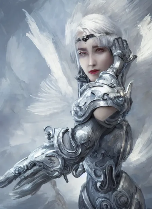 Prompt: a highly detailed illustration of white haired pale lady wearing dieselpunk armor dress with iron wings and blindfold!!!!!!!!!!!!, dramatic floating pose, intricate, elegant, highly detailed, centered, digital painting, artstation, concept art, smooth, sharp focus, league of legends concept art, wlop