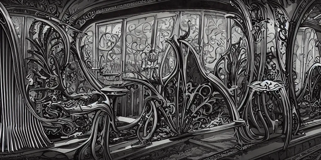 Image similar to retro streamline train in the shape of a cone covered with gothic ribs in the Art Nouveau and Gothic style, Warhammer style