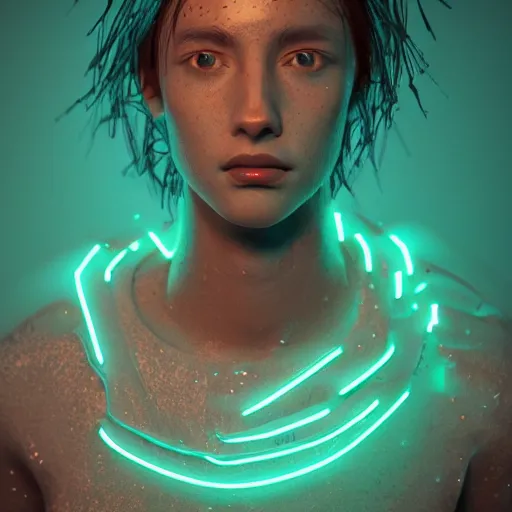 Prompt: a human made out of rain, glowing neon, rendered in octane, unreal engine, highly detailed, realistic, beautiful