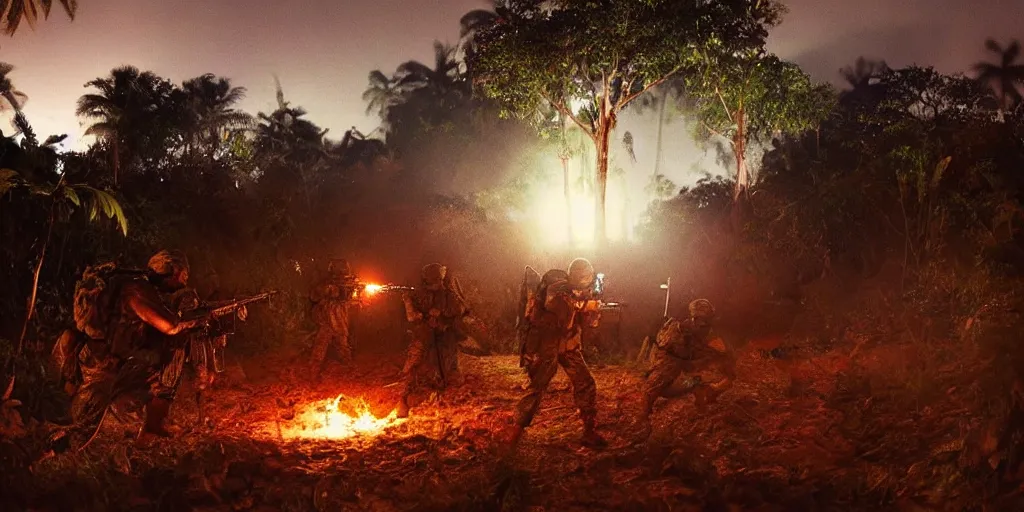 Prompt: a squad of american soldiers in combat in the vietnamese jungle at night illuminated by napalm strike, beautiful, vivid, cinematic, art by craig mullins