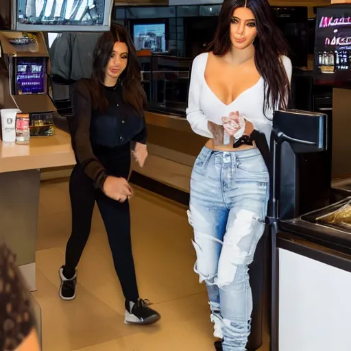 Prompt: kylie kardashian doing the moonwalk in front of the counter at mcdonalds, uhd, 8k, award winning photography, trending, beautiful, happy,