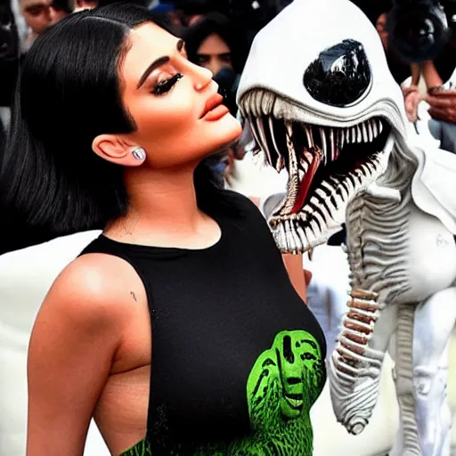 Image similar to kylie jenner being lickjed menacingly by an xenomorph, highly detailed, photorealistic, hyper realistic, slime, saliva, smooth