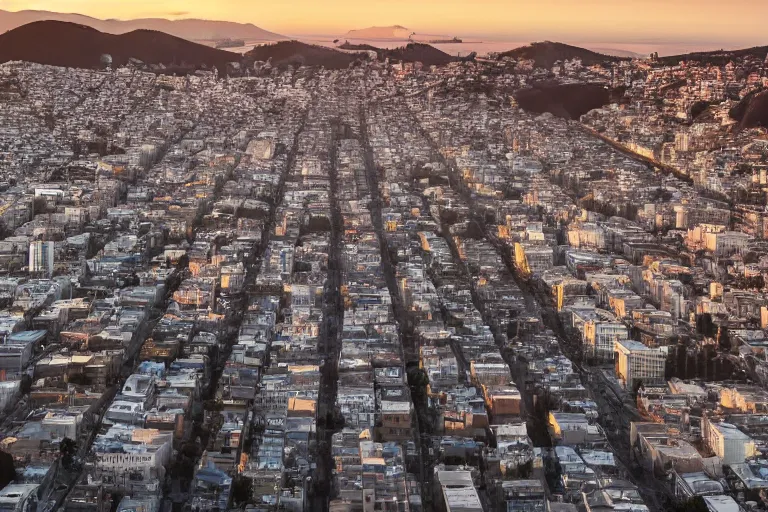 Image similar to aerial view of san francisco post apocalyptic, panoramic photography, golden hour, soft lighting, beautiful photo