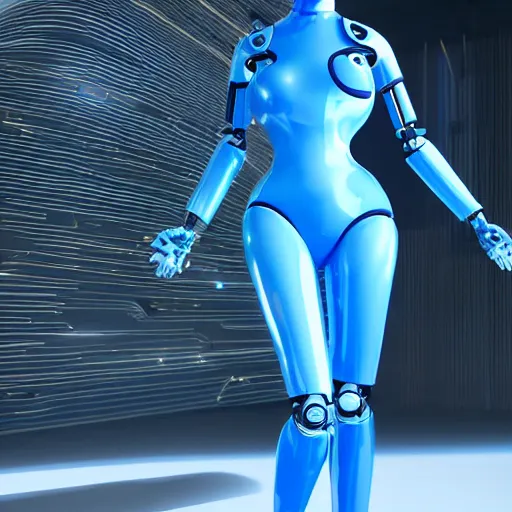 Image similar to a beautiful female robot human hybrid wearing a blue latex jumpsuit, circuitry glowing through the suit like tron, face, torso, legs, feet, epic angle, octane render, photo realistic, hyper realistic, 8 k resolution in the style of alvin schwartz