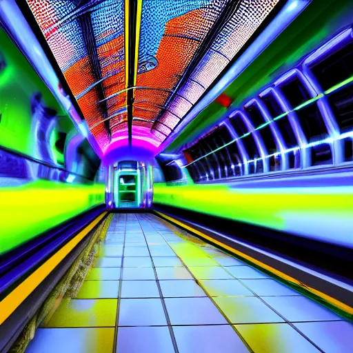 Image similar to underground train station, futuristic, neon colours, highly saturated colours, cross section view, high def, 8 k, hd, realistic, highly detailed,