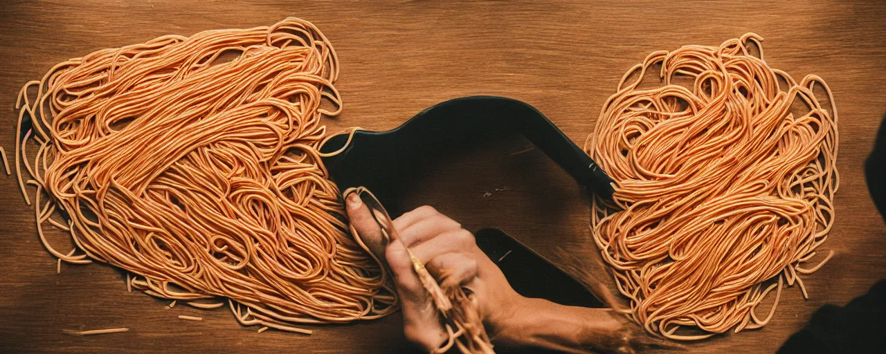 Image similar to an artist painting with spaghetti on a canvas, canon 5 0 mm, cinematic lighting, photography, retro, film, kodachrome, closeup