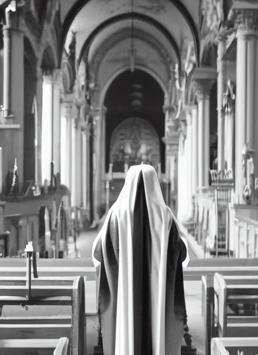 Image similar to film still of Sofia Verga dressed as a nun, revealing nun outfit, church interior, 4k