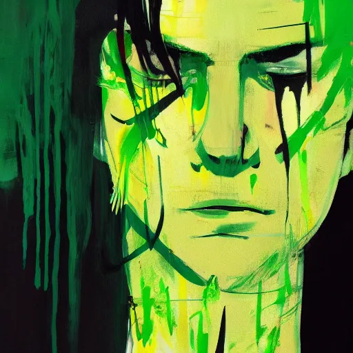 Image similar to closeup, very few thick long paint brush strokes, abstract depiction of the physique of one!!! very thin black suit man with green long straight hair posing dramatically, closeup, matte colors, conrad roset, dark abstract background, abstract painting trending on artstation