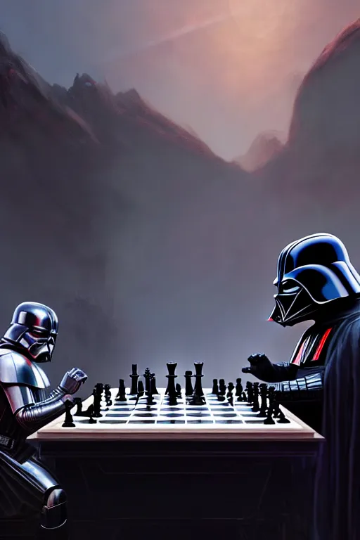 Image similar to darth vader playing chess against thanos on a marble table, extremely detailed digital painting, in the style of fenghua zhong and ruan jia and jeremy lipking and peter mohrbacher, mystical colors, rim light, beautiful lighting, 8 k, stunning scene, raytracing, octane, trending on artstation
