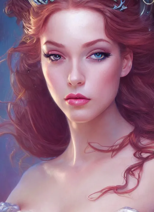 Image similar to glamorous princess ariel portrait, seductive eyes and face, elegant, very detailed face, studio lighting, photorealism, portrait by magali villeneuve and steve argyle, livia prima, mucha, dress, fantasy art, beautiful, artstation, trending on artstation, intricate details, alluring, masterpiece