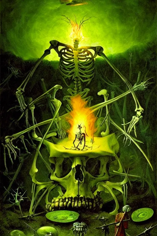 Image similar to hieronymus bosch, greg rutkowski, anna podedworna, painting of a skeleton wizard burning with green fire, green glowing runes, evil glow, light from cracks in ground