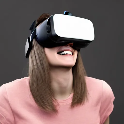 Image similar to realistic photo of a beautiful smiling person wearing a modern virtual reality headset, hypermaximalistic, high details, cinematic, 8 k resolution, beautiful detailed, insanely intricate details, artstation trending, octane render, unreal engine