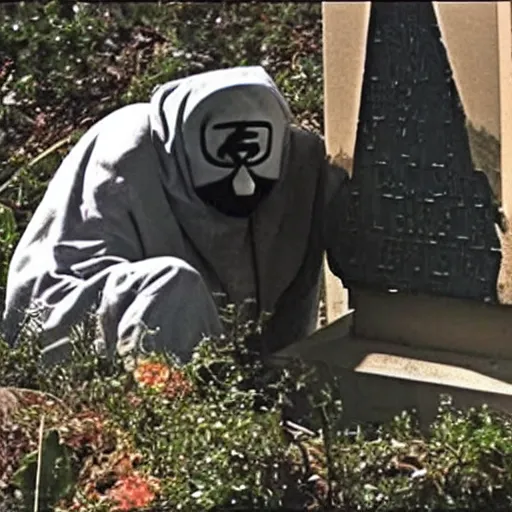 Prompt: rapper MF DOOM seen crawling out of his grave sporting his iconic mask