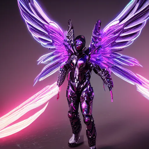 Image similar to a photo of 8 k ultra realistic archangel with 6 wings, full body, intricate purple and blue neon armor, ornate, cinematic lighting, trending on artstation, 4 k, hyperrealistic, focused, high details, unreal engine 5, cinematic