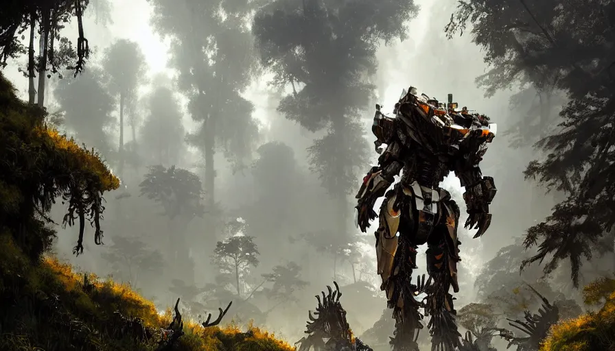 Image similar to large walking mech covered in gold and silver armor, horizon zero dawn aesthetic, covered in moss and birds, glowing lights, beautiful forests and trees, intricate detail, epic wallpaper, art by darek zabrocki and John Park and Feng Zhu and Jason Chan, trending on artstation, masterpiece.