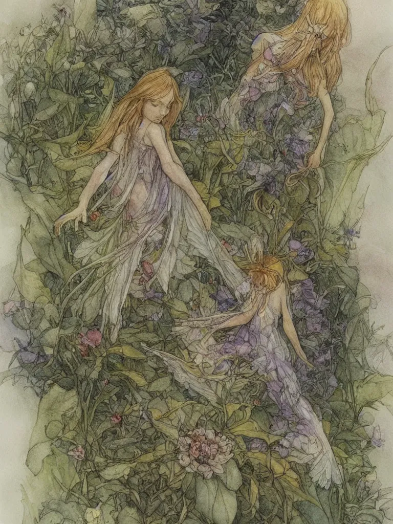 Image similar to annotated study of a flower fairy, illustration, watercolor, alan lee, detailed, pretty, ethereal,