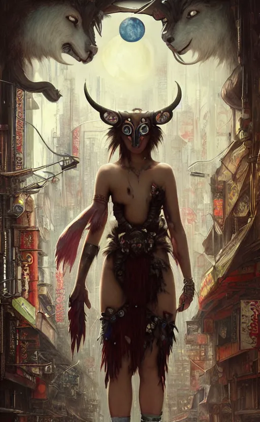 Image similar to hyper realistic Princess Mononoke ornate mask, wet market street, cyberpunk metropolis, city landscape, jewels, full body pose, full moon, style of tom bagshaw, mucha, james gurney, norman rockwell, denoised, sharp