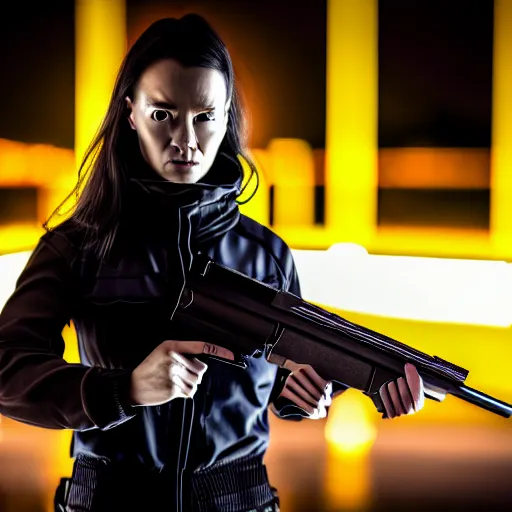 Image similar to photographic portrait of a techwear woman holding a shotgun, holding shotgun down, closeup, on the rooftop of a futuristic city at night, sigma 85mm f/1.4, 4k, depth of field, high resolution, full color, award winning photography, inspired by Kill Bill, inspired by John Wick, inspired by Die Hard, movies with guns, movie firearms