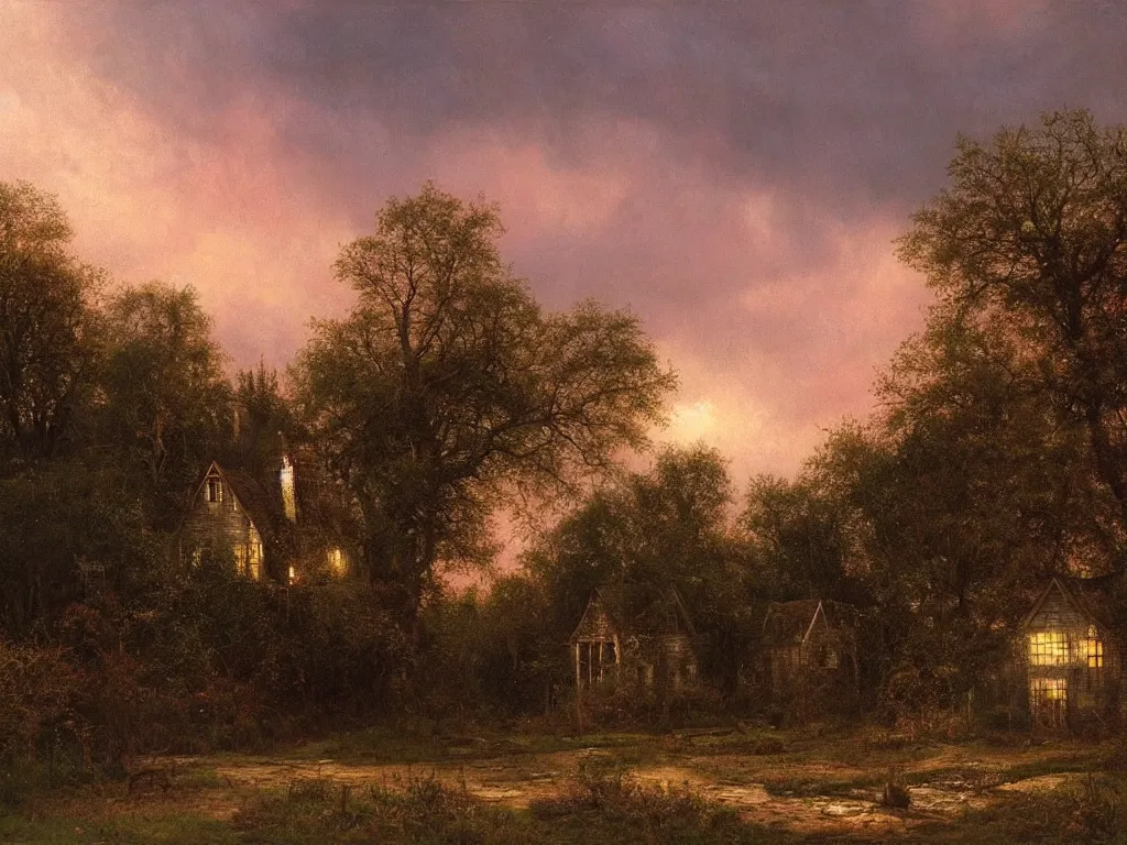 Image similar to a witchhouse in a woodland, evening mood, pink clouds in the evening sky, by clive madgwick