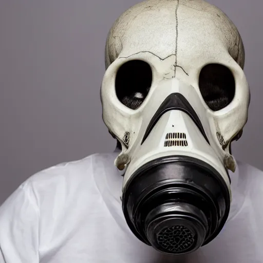 Prompt: a hyper realistic photoshoot of a gas mask in the shape of a human skull in white studio lit backround