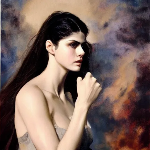 Image similar to ultra realistic portrait painting of alexandra daddario, art by frank frazetta, 4 k, ultra realistic, highly detailed, epic lighting