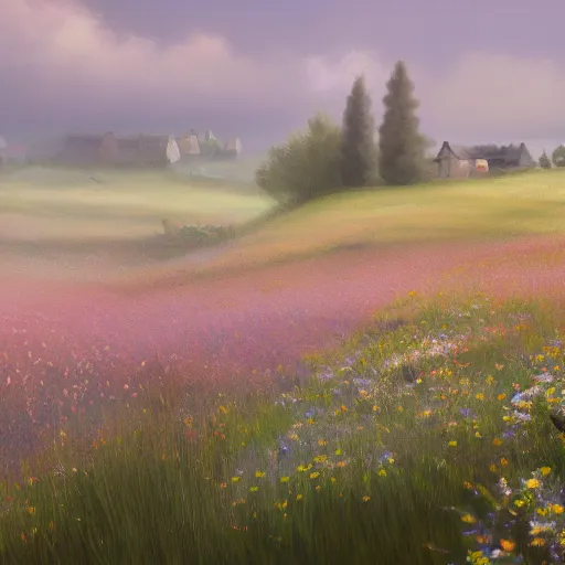 Image similar to a matte painting of a european prairie, cottages, foggy, patchy flowers, oil painting, pale colors, high detail, 8 k, wide angle, trending on artstation,