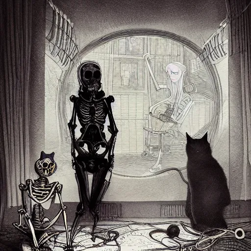 Image similar to skeleton wearing headphones, watching girl playing guitar while her black cat standing next to her, detailed intricate ink illustration, dark atmosphere, detailed illustration, hd, 4k, digital art, overdetailed art, by greg rutkowski, by loish, complementing colors, Trending on artstation