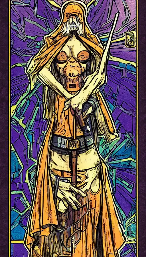 Prompt: a tarot card of the hermit, cyberpunk themed art, concept art