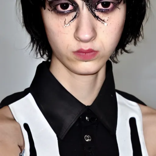 Prompt: frog, paris fashion week runway photograph. an emo. short dark brown messy pixie haircut, large black eyes!!!, black sclerae!!!!, antichrist eyes, slightly rounded face, pointed chin, thin lips, small nose, black tank top, black leather jacket, black knee - length skirt, black choker