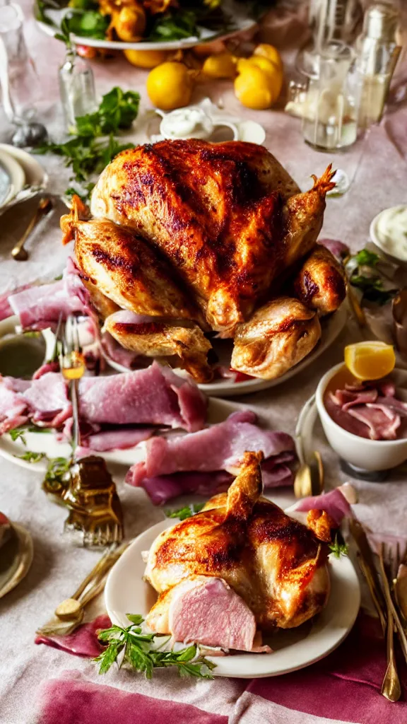 Image similar to 6 0 s food photography of a roast chicken covered entirely in mayonnaise, served with slice of ham on top, on a velvet table cloth, soft focus