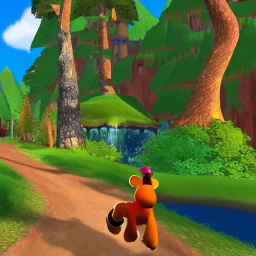 Image similar to banjo kazooie running towards a distant jiggy, dreamy landscape, forest of treetops