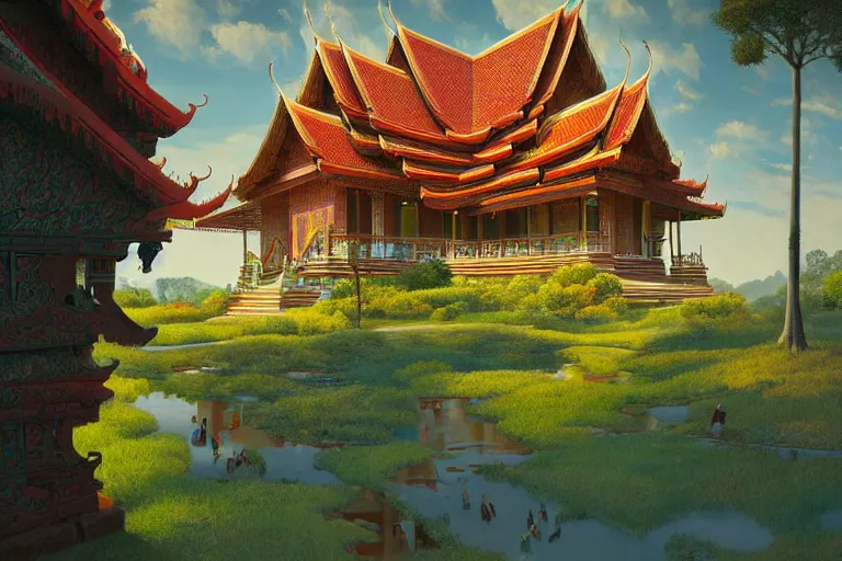 Image similar to summer morning, thai temple, rolling mountain, very coherent and colorful high contrast, art by gediminas pranckevicius, geof darrow, franz sedlacek, dark shadows, hard lighting