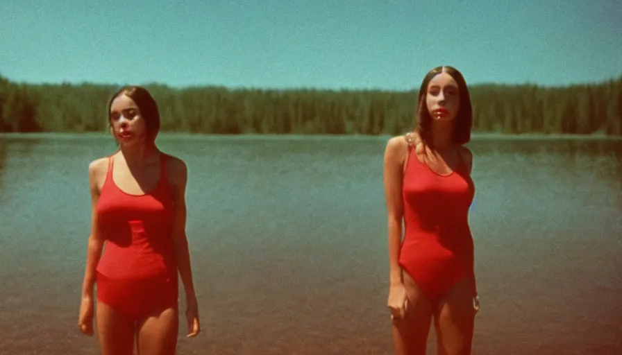 Prompt: 7 0 s film still from a horror movie about riley reid standing in the middle of a lake, kodachrome, cinecolor, cinestill, film grain, film texture, retro, cinematic, high resolution, photorealism,