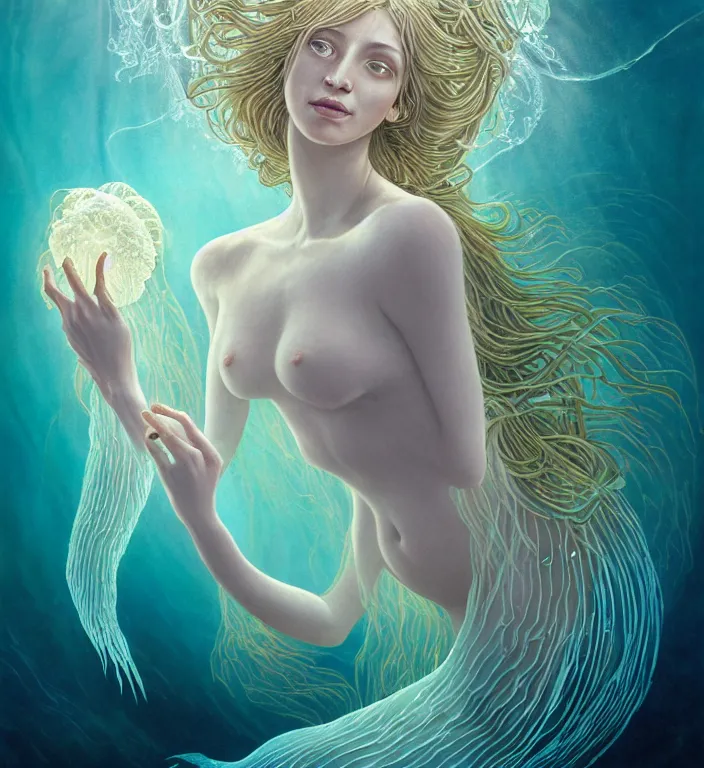 Image similar to underwater portrait of a goddess mermaid with (reaction diffusion) scaled fish skin Bioluminescent phoenix jellyfish, Her breath shot a haze of steam out into the frosty morning air concept, soft light, soft mood, realistic body features and face, illustration,intricate ornament halo, painting oil on canvas by Elena Zhurikhina and Goro Fujita and Charlie Bowater, octane render trending on artstation, 4k, 8k, HD