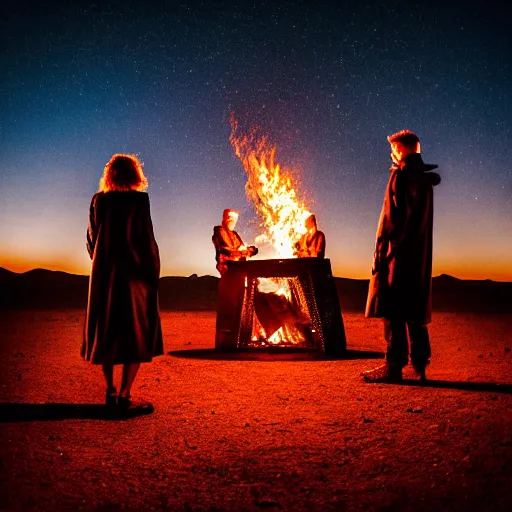 Prompt: atmospheric photograph of three ravers, two men, one woman in a trenchcoat blessing the earth, seen from behind, talking around a fire, dancefloor kismet, diverse costumes, clean composition, desert transition area, bonfire, night, australian desert, xf iq 4, symmetry, sony a 7 r, 1 5 0 mp, 5 0 mm