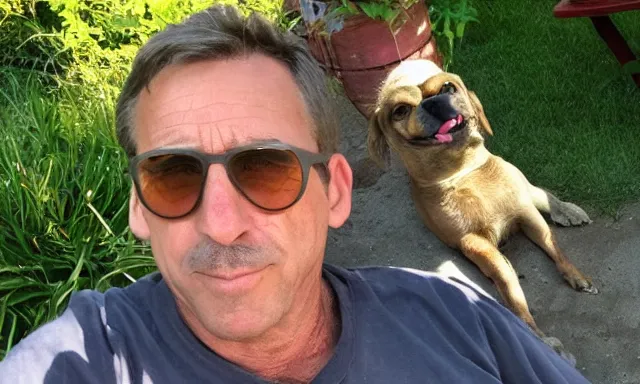 Image similar to My dad Steve just took a hit from the bongo and have good time being gracefully relaxed in the garden, sunset lighting. My second name is Carell. My dad second name is Carell. Im the dog and Steve Carell is my dad. Detailed face. Dog is long