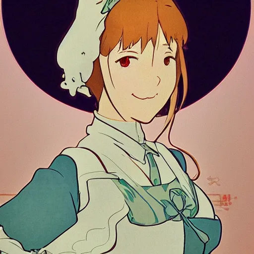 Image similar to a maid girl winking, makoto shinkai, ghibli, wlop, alphonse mucha, highly detailed, studio portrait