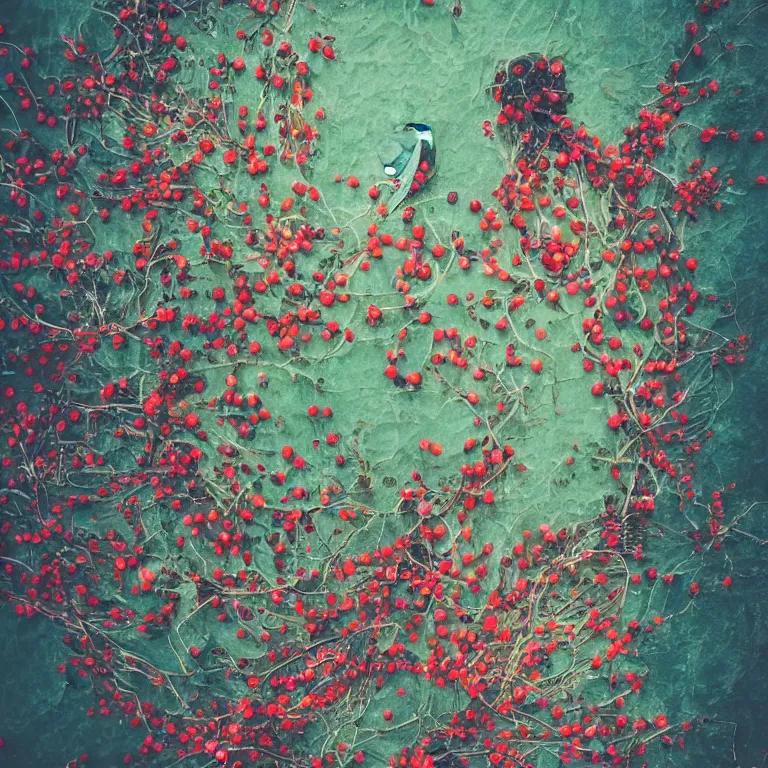 Image similar to human with the sea and the forest inside, veins diverge through the body like rivers filmed on a satellite, a person is decorated with wild berries, a beautiful bird is looking at him next, colorful picture