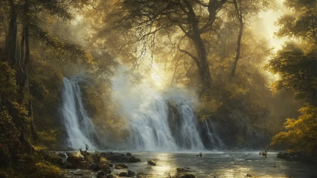 Prompt: the most beautiful panoramic landscape, oil painting, where a giant dreamy waterfall creates a river, the trees around are starting to bloom in yellow colors, a majestic deer is in close - up and it is exhaling steam, the ray lights of the sunrise are brightening him, by greg rutkowski