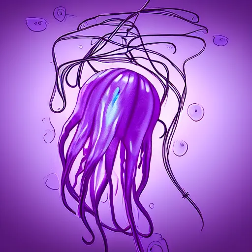 Prompt: “ a purple jellyfish floating in the ocean, the jellyfish ’ s tentacles are wires, cyberpunk, digital art, unreal engine, highly detailed ”