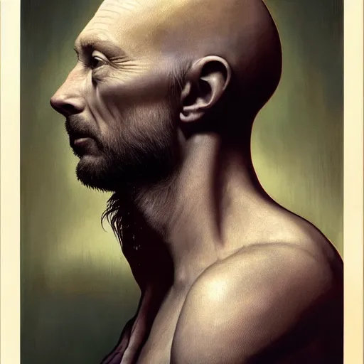 Image similar to hyper realistic, variations portrait of smooth very old thom yorke hairless, strong variations, singer songwriter, ( side ) profile, liminal space, by lee bermejo, alphonse mucha and greg rutkowski, greybeard, smooth face